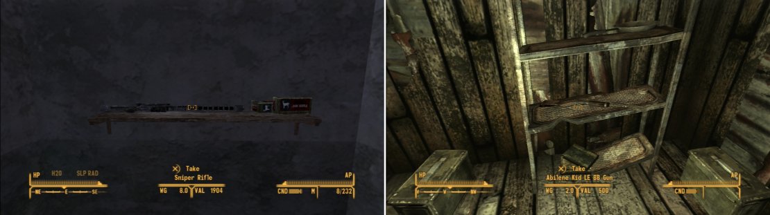 In a trapped house near the New Vegas Medical Center you can find some nice loot, including a Sniper Rifle (left). In Field&rsquo;s Shack you can score the Abilene Kind LE BB Gun (right). Don&rsquo;t shoot your eye out!