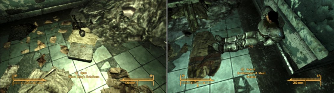 Piers Isley&rsquo;s Briefcase contains some obsolete Pre-War Money and a REPCONN Third Floor Security Card (left). On the third floor you can also find the remains of a Brotherhood of Steel squad (right).