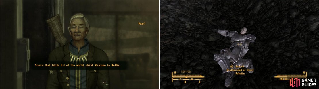 After getting through to Nellis AFB, you&rsquo;ll meet Mother Pearl&hellip; who is surprisingly nice, considering the welcoming the Boomers gave you (left). After being accepted by the Boomers, you can safely search the ruins outside of Nellis AFB for the last missing Brotherhood patrol (right).