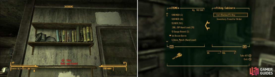 Grab a copy of Duck and Cover! from a shelf in Mother Pearl&rsquo;s Barracks (left). Taking Col. Blackwell&rsquo;s Key will allow you to bypass a difficult lock later on (right).