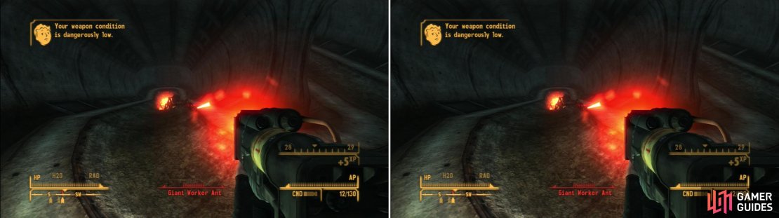 Avoid killing the Giant Ants in the Nellis Array Generator Building with lasers or fire (left) as the results can be&hellip; explosive (right).