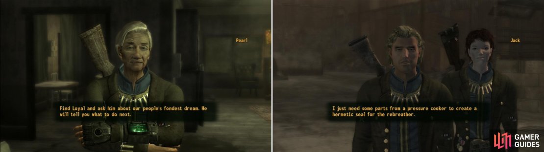 After earning the Boomer&rsquo;s trust, talk to Mother Pearl to be entrusted with the Boomer&rsquo;s greatest wish (left). Be sure to help Jack make you a Rebreather, which will come in handy in many, many circumstances (right).
