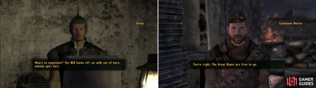 If you take a more diplomatic approach, however, you can get the Khans to release their hostages (left) after which you&rsquo;ll need to convince Lieutenant Monroe to live up to his end of the bargain (right).