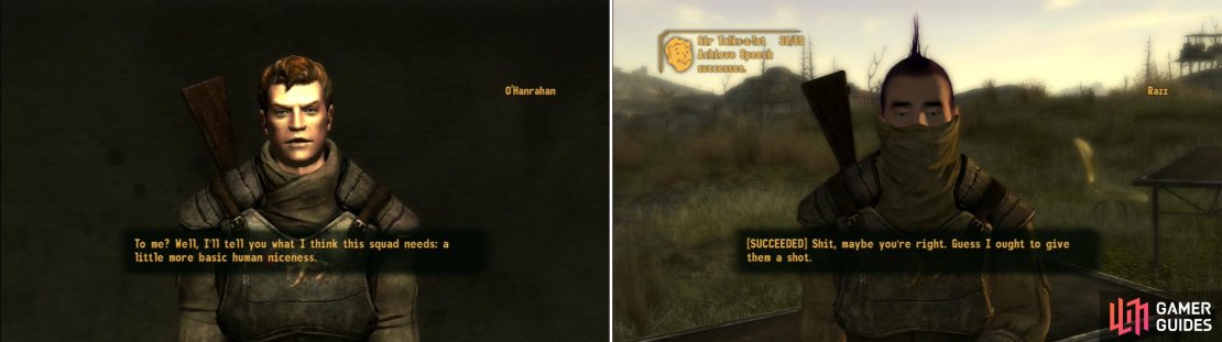 O&rsquo;Hanrahan, the naive farm boy, suggests a good talking to might improve things (left) and indeed, if your Speech score is high enough, you can influence the Misfits into working with each other better (right).