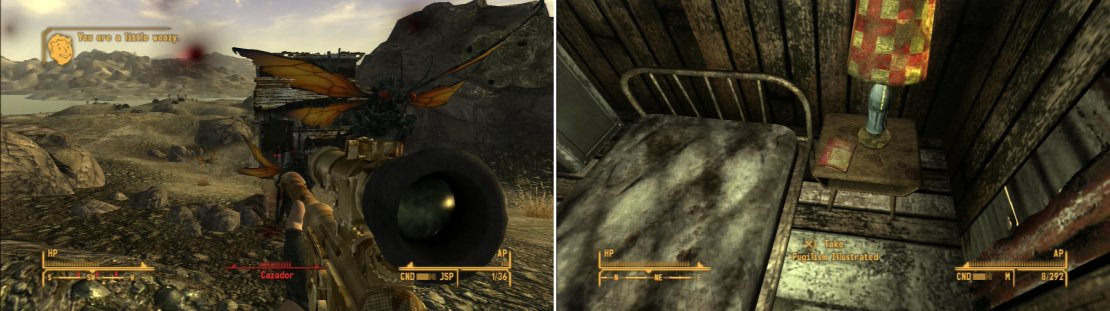 Be careful leaving the Cap Counterfeiting Shack, as Cazadores might show up to ruin your day (left). In the Fisherman&rsquo;s Pride shack you&rsquo;ll find a copy of Pugilism Illustrated (right).