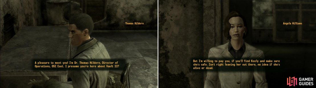 Visit Thomas Hildern at Camp McCarran and give him the Crimson Caravan invoice (left), and hear how his request to investigate Vault 22. After your conversation with Hildern, his assisstant Angela Williams will warn you about Hildren&rsquo;s job (right).