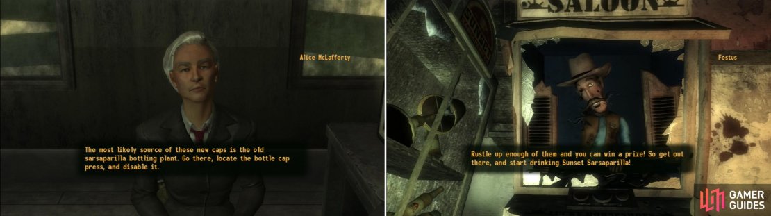 Alice McLafferty will assign you the ask of disabling a working bottle cap press (left). Inside the Sunset Sarsaparilla Headquarters you&rsquo;ll meet the fabled Festus, who promises great rewards in exchange for Sunset Sarsaparilla Star Bottle Caps (right).