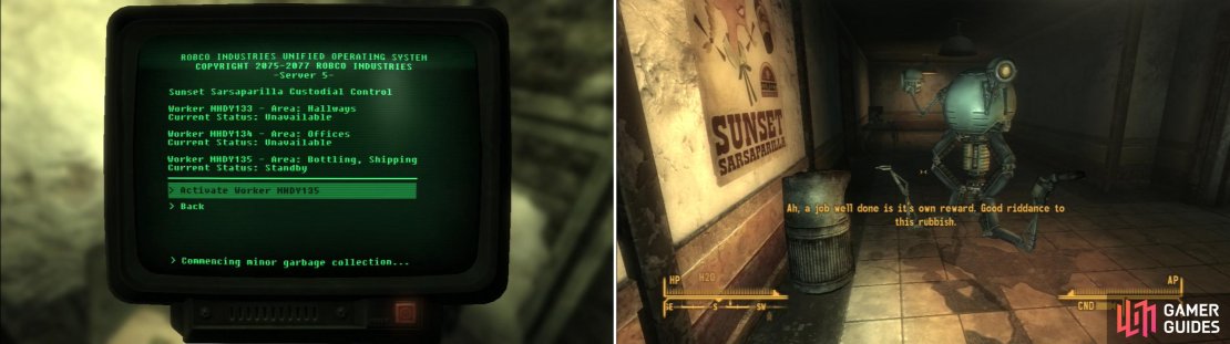 Activate the janitorial Mr. Handy (left) and it&rsquo;ll clean the factory floor, netting you a hefty pile of Bottle Caps (right).