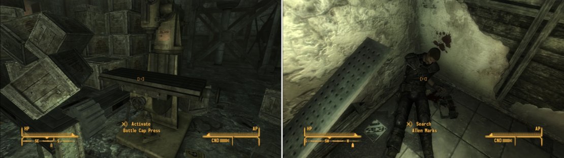 In the shipping area you&rsquo;ll find the bottle cap press that Alice wants out of comission (left). Allen Marks may have perished in his homocidal quest to obtain Sunset Sarsaparilla Star Bottle Caps, but his loss is your gain (right).