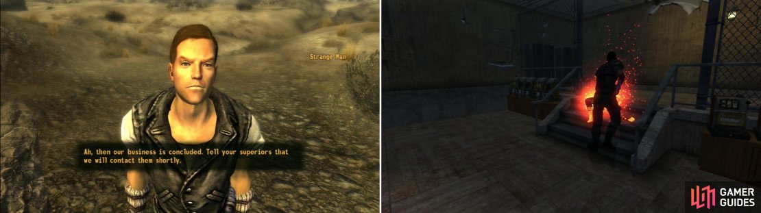 Meet with the &ldquo;Strange Man&rdquo; in the desert and deliver the Van Graff&rsquo;s package (left). Bring Cass to Jean-Baptiste and he&rsquo;ll make sure Cassidy Caravans is gone&hellip; for good (right).