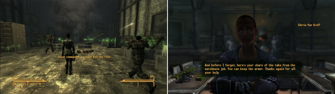 The Van Graffs launch a sneaky surprise attack on the Legion (left). After helping the Van Graffs with their double-cross, you&rsquo;ll be rewarded for your work (right).