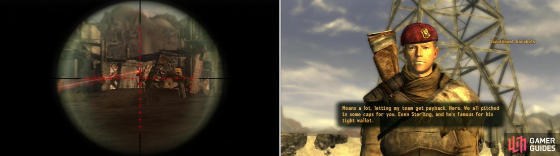 Eliminate Driver Nephi&rsquo;s henchmen (left) then lure him into the line of sight of the 1st Recon snipers. For serving as bait, Lieutenant Gorobets will reward you (right).
