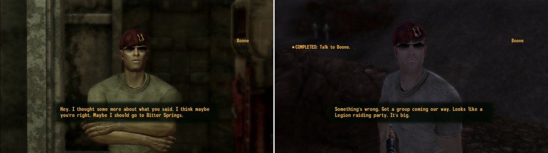 Once you&rsquo;ve earned enough trust with Boone, he&rsquo;ll finally open up about his past (left). Take him back to Bitter Springs, where he&rsquo;ll become fatalistic in the face of a Legion attack (right).