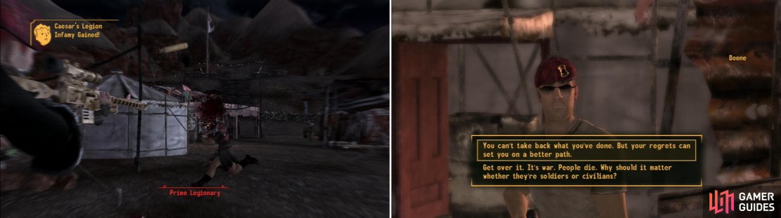Kill the Legionaries invading Bitter Springs (left) then comment on Boone&rsquo;s karma to influence his attitude for the rest of the game&hellip; and beyond (right).