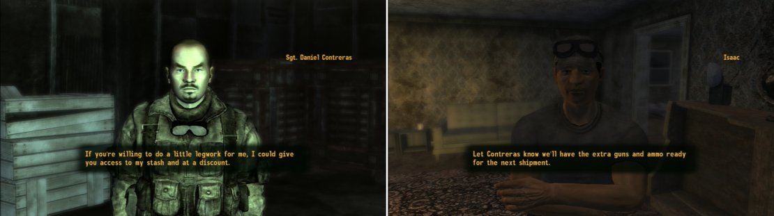 Contreras&rsquo; side jobs aren&rsquo;t exactly legal, but he&rsquo;s willing to cut you in on some action if you&rsquo;re willing to do some leg-work (left). You can collect a junkyard&rsquo;s worth of scrap for Isaac&hellip; or just pass a Speech or Barter check (right).