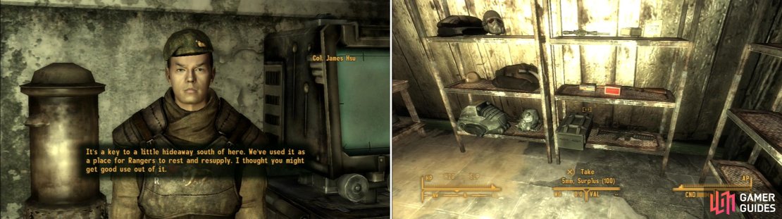 If you become &ldquo;Liked&rdquo; by the NCR, Colonel Hsu will give you the NCR Safehouse Key (left). Inside the safehouse you&rsquo;ll find a splendid collection of goodies (right).