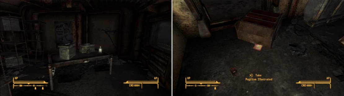Beyond a locked door you can find a cache of loot, including a Mini Nuke (left). On the floor of one of the living quarters you&rsquo;ll find a copy of Pugilism Illustrated (right).