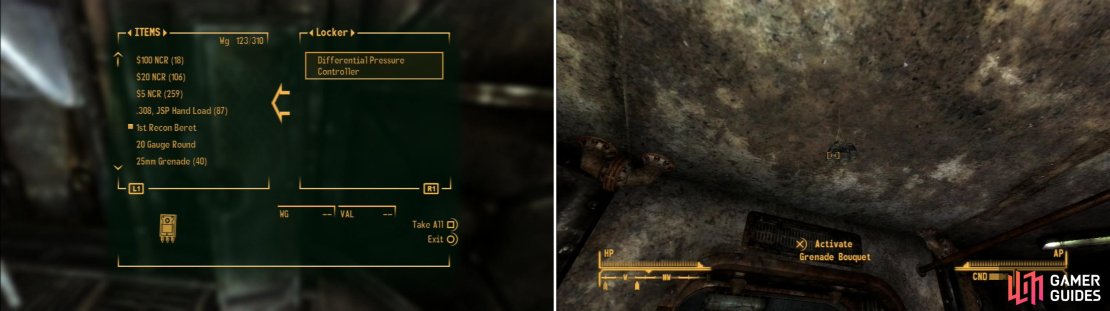 Find the Differential Pressure Controller in a submerged locker (left). Bugs aren&rsquo;t the only threat left in this vault; remnants of the civil strife like this Grenade Bouquet remain behind (right).