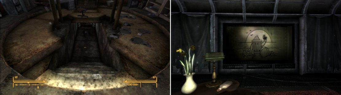 Open the &ldquo;sacrificial chamber&rdquo; under the Overseer&rsquo;s desk (left) then watch the presentation in the room below (right).
