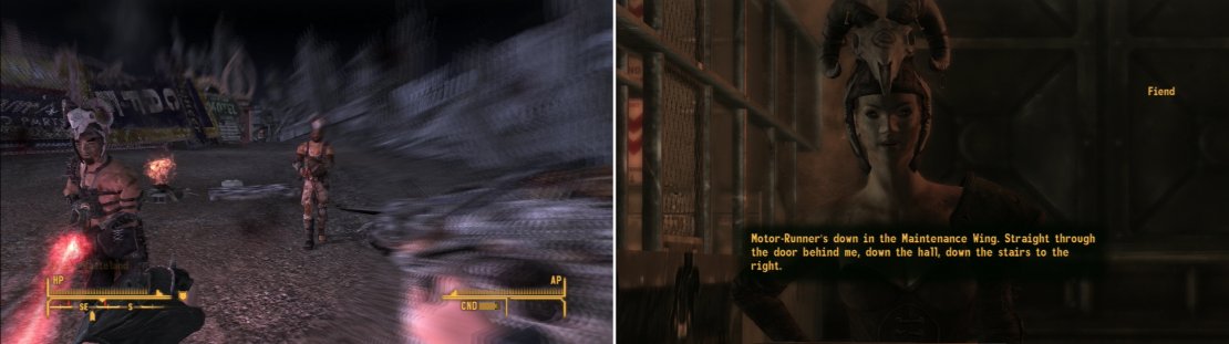The area around Vault 3 is crawling with Fiends (left). You won&rsquo;t get a much warmer reception inside the vault, but some diplomacy can prevent a fight (right).
