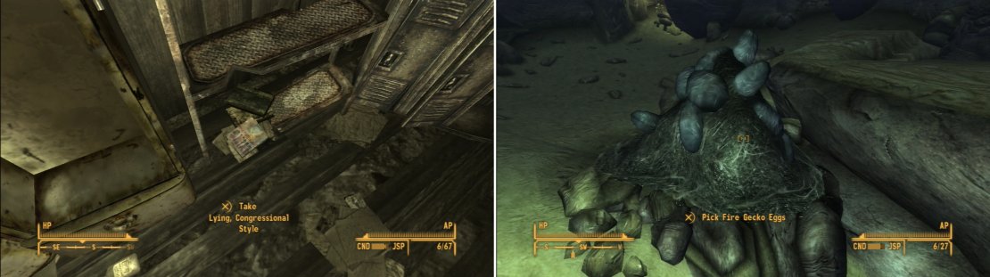 Grab the copy of Lying, Congressional Style from within the Lucky Jim Mine House (left). Within the Fire Gecko-infested Bootjack Cavern you&rsquo;ll find some Fire Gecko Eggs (right).
