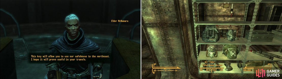 After you join the Brotherhood, talk to the Elder to get the Safehouse Key (left). Inside you&rsquo;ll find a wealth of Power Armor and heavy weapons (right).