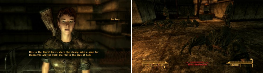 Talk to Red Lucy at The Thorn and she&rsquo;ll ask you to find some Mantis Eggs for her (left). You can also indulge in some pit fighting, if you&rsquo;ve got the mettle (right).