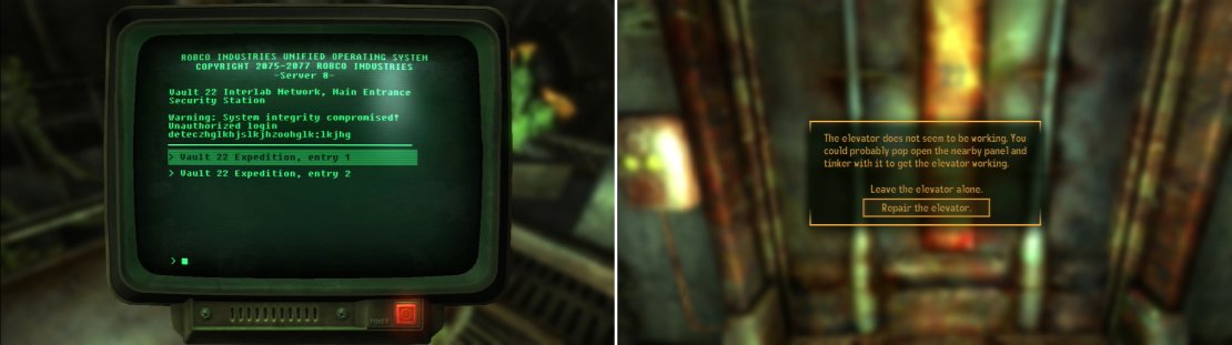 Search various terminals to find some of Keely&rsquo;s journal entries (left). If you repair the elevator, you&rsquo;ll save yourself a good bit of time (right).