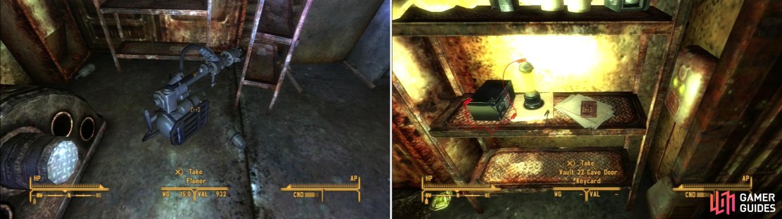 The Flamer you can find may come in handy later&hellip; (left). The Vault 22 Cave Door Keycard will open to the door to the caves (right).