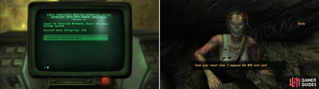 When you find the mainframe, download the data onto your Pip-Boy (left). After you clear a Spore Plant-infested cavern, you&rsquo;ll find Keely (right).