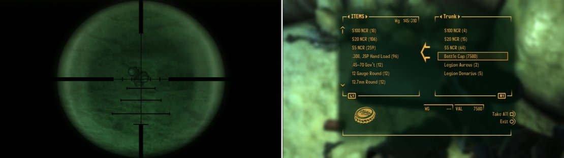 A locked gate isn&rsquo;t the only obstacle you&rsquo;ll have to face, a Grenade Bouquet is a more lethal barrier (left). Navigate locks and traps, however, and you can obtain a massive load of Caps (right).