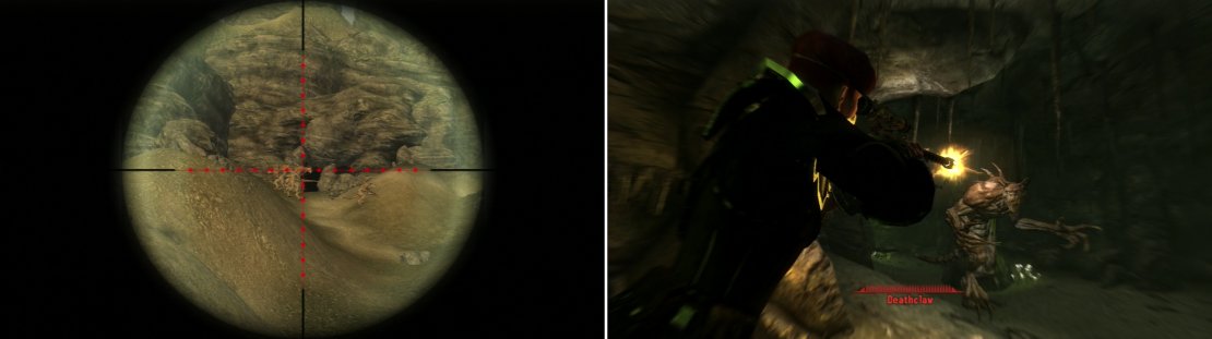You can get a distant vantage from which you can pick off the Deathclaws outside of Dead Wind Cavern (left). The confines of the caverns ensure that closer encounters are bound to occur (right).