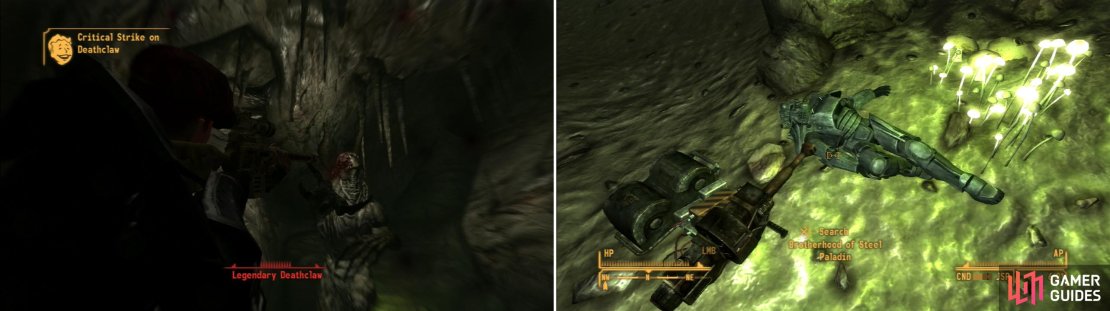 Use whatever chems you have and the best weapons you have available - only the strongest will emerge victorious from a fight with the Legendary Deathclaw (left). If you survive, you&rsquo;ll be able to claim the unique Grenade Machinegun, Mercy (right).