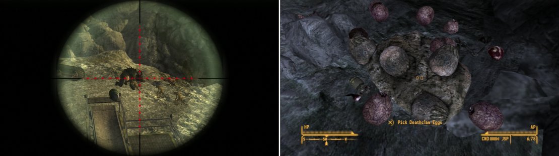 Range again is your greatest weapon&hellip; well, your greatest weapon not named &ldquo;Gobi&rdquo; (left). Kill the Deathclaws at Quarry Junction and search their cave for some prized Deathclaw Eggs (right).