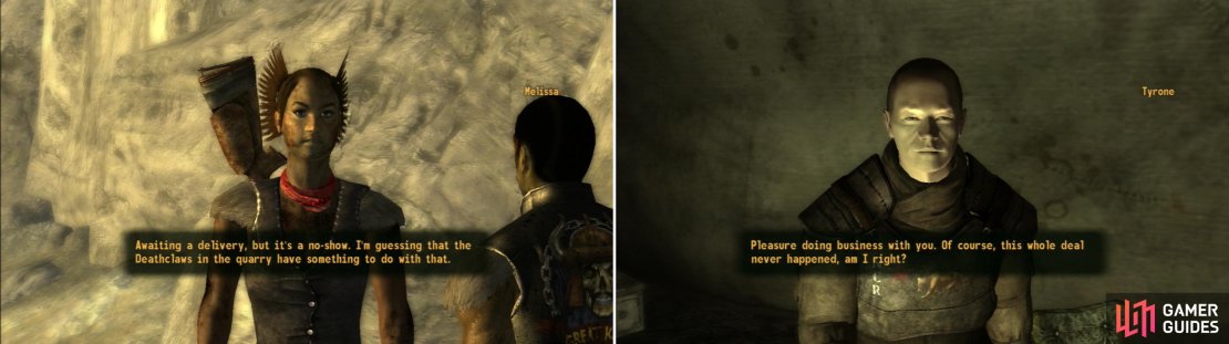 On the cliffs around Quarry Junction you&rsquo;ll find Melissa and her fellow Khans, who are awaiting a package (left). Convince Tyrone to live up to his end of the bargain, or turn him in to the authorities (right).