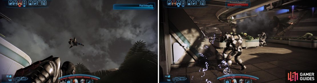 Shooting Cerberus Troops whilst they&rsquo;re still inside their shuttle can provide some amusing results (left). Infiltrators can use cloak to get behind the enemy and decimate their ranks (right).