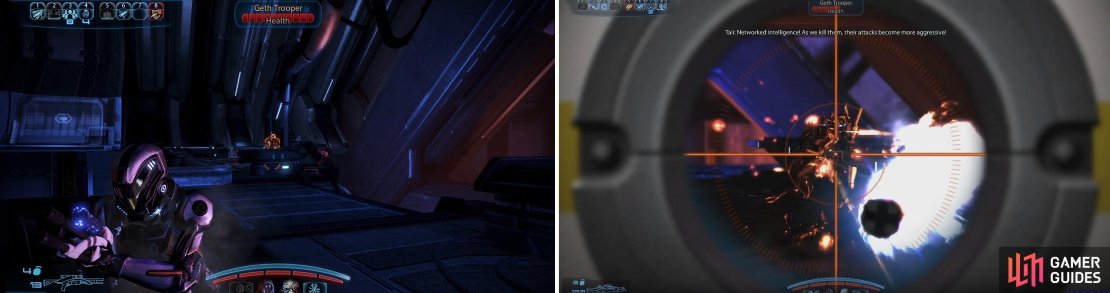 The Geth spring a surprise attack on you so be aware! Use Tech powers on them. Rocket Troopers (right) can really hurt you if you aren&rsquo;t careful.