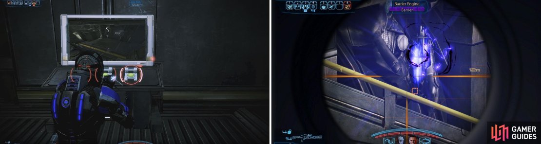 There&rsquo;s a small puzzle with the crane (left) to complete. Later, focus on the shield generators before removing the Reaper forces (right).