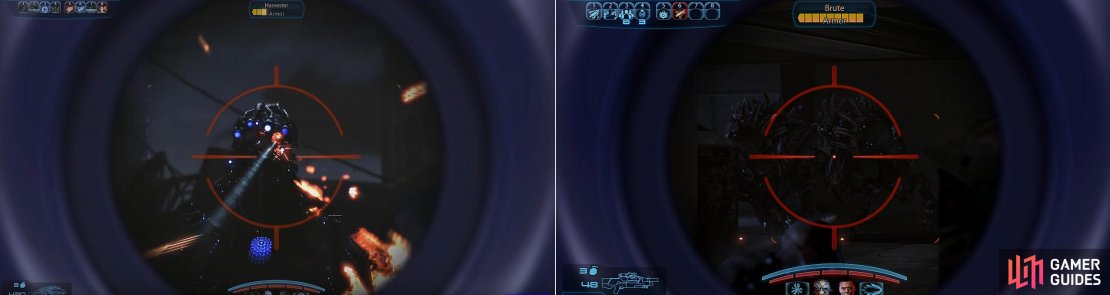 Harvesters make a return (left). Unload everything you have on the Brutes (right) while they&rsquo;re at a distance.