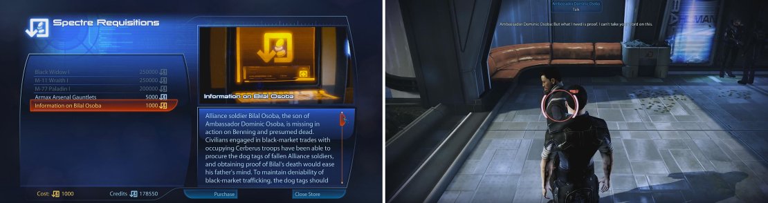 You can purchase information on the ambassador&rsquo;s son at the Spectre terminal (left). When you&rsquo;ve acquired the tags, give them to the ambassador (right).
