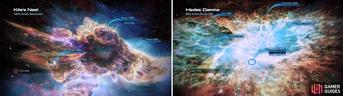 The Kite&rsquo;s Nest is a large area, holding a plethora of things to uncover (left). The beautiful Hades Gamma is home to some new War Assets and quite a few Credits (right).