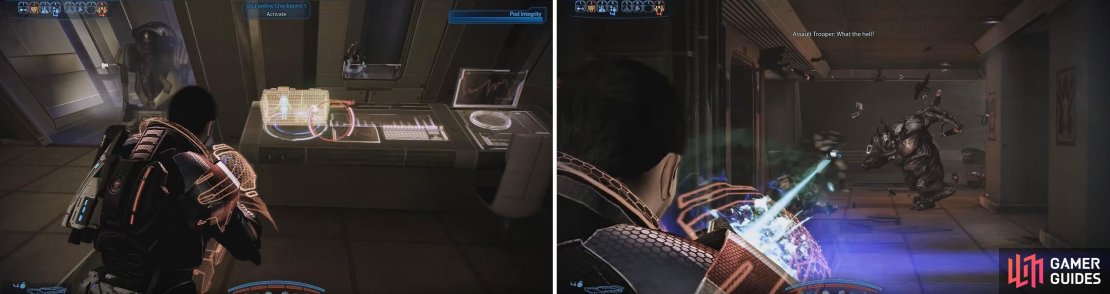 At each checkpoint you must protect the pod from Cerberus attacks and then activate the control panel (left). You may notice several monsters escaping, one of which will be the terrifying Yahg (right). Luckily, you don&rsquo;t have to fight it.