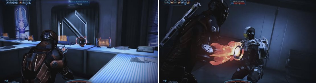 If you look among the rubble, there&rsquo;s a ton of items to collect (left). Engineers can be punched in the face readily with your Omni-Blade (right).