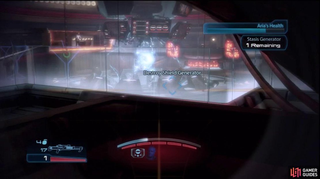 Destroy the generators from up here because otherwise you will be damaged by Aria&rsquo;s biotics. Enemies are few and far between up here as well.