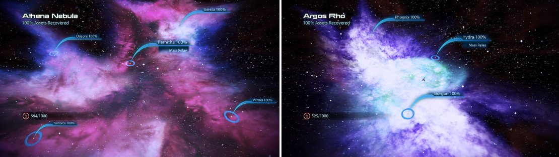 This huge galaxy will take some time to fully explore but it&rsquo;s worth it for the huge amount of assets and fuel (left). Another colourful galaxy, scour it for artifacts and assets, notably the Kakliosaur Fossil (right).