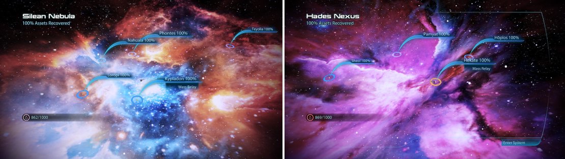 A story side mission, a Citadel side mission and a few other secrets lie in this galaxy (left). There&rsquo;s another Citadel side mission artifact to discover as well as the usual fuel and War Assets (right).