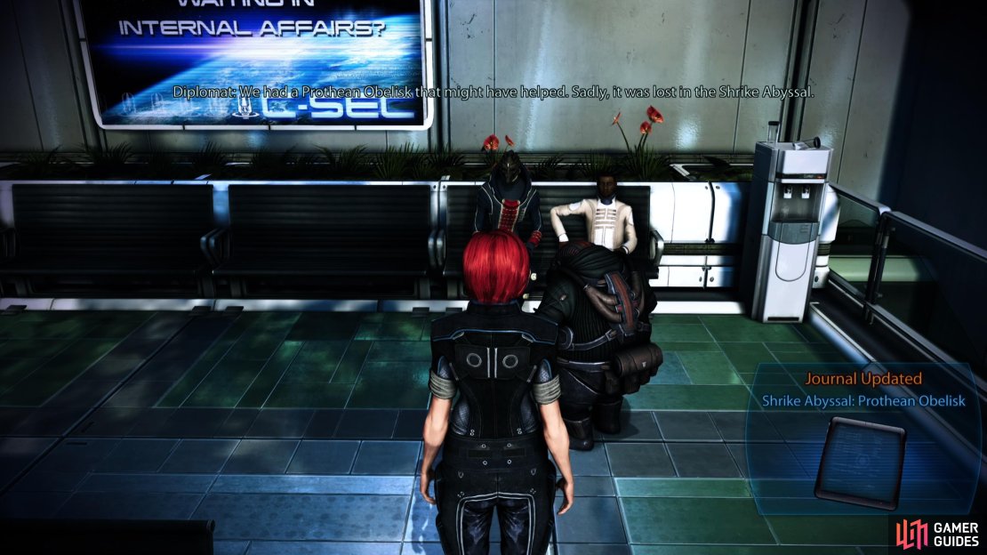 Snoop on a volus to start the mission &ldquo;Shrike Abyssal: Prothean Obelisk&rdquo;.