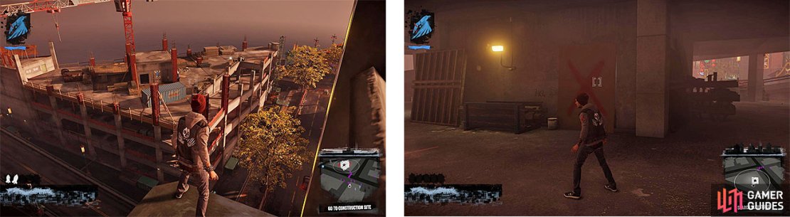 This is the Akuran hangout, the construction site (left) and you&rsquo;ll need to check out the elevator area, which is block by boards with a red X on them (right).