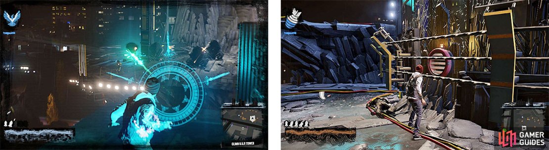 There are enemies to clear at the tower&rsquo;s entrance, who are guarding the vent needed to start climbing (right).
