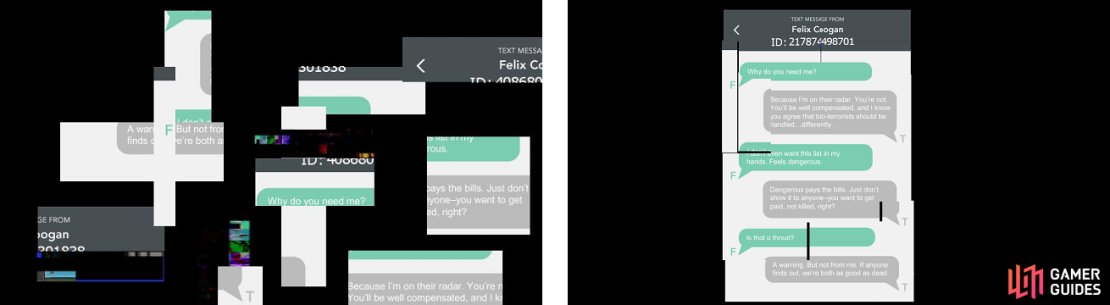 The message on Bennett&rsquo;s phone before assembling it (left) and after piecing it together (right).